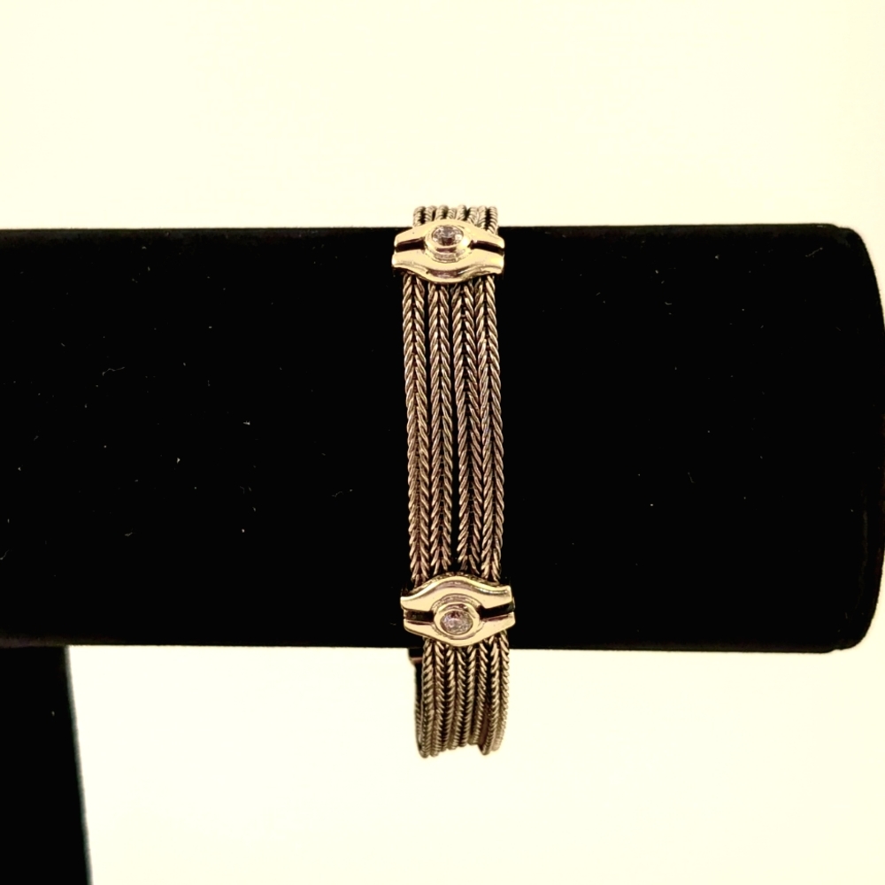 Vintage 925 Sterling Silver 4 Strand Herringbone Bracelet Gold Tone Clear Stones